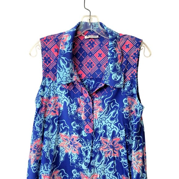 Batik Keris Sleeveless Button-Down Top Women's M 100% Viscose With Wax Print Blu - Picture 4 of 4